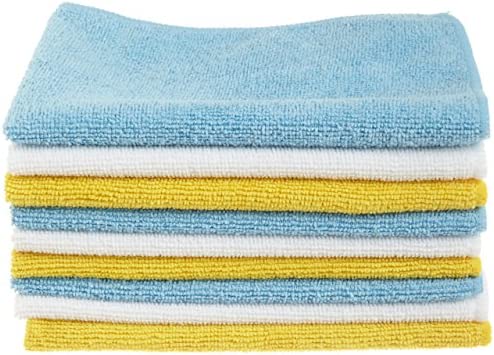 Amazon Basics Microfiber Cleaning Cloths, Non-Abrasive, Reusable and Washable – Pack of 36, 12 x16-Inch, Blue, White and Yellow