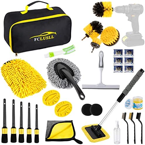 FCLUSLL 32Pcs Car Cleaning Kit Wash Kit with Windshield Cleaning Tool, Auto Drill Brush Set, Detailing Brushes Set, Washable Pads, Interior and Exterior Car Cleaning Kit, Yellow