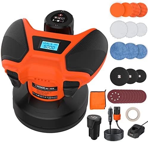 THINKWORK Cordless Polisher,12V Cordless Dual Random Orbital Waxer/Polisher with 8 Buffing and Polishing Pads,6 Variable Speed 2500-5000 RPM, Ideal for Car Sanding, Polishing, Waxing, Sealing Glaze