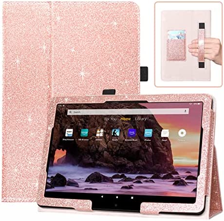 DMLuna Case for All-New Amazon Fire HD 10 & 10 Plus Tablet 11th Generation 2021 Release, Slim PU Leather Cover Folio, with Folding Stand, Auto Wake/Sleep, Hand Strap, Card Slot – Glitter Rose