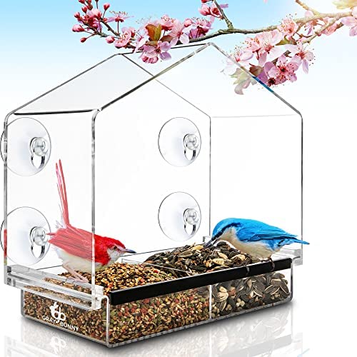 Clear Bird Feeders for Window – Bird House Style Window Bird Feeder – Window Bird Feeders with Strong Suction Cups – Drain Holes, Removable Tray, Large Seed Capacity and Rubber Perch