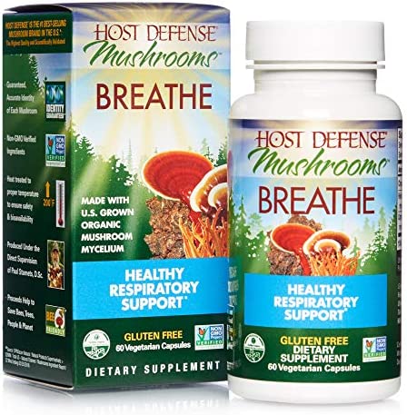 Host Defense, Breathe Capsules, Respiratory Support, Mushroom Supplement with Cordyceps, Reishi and Chaga, Unflavored, 60