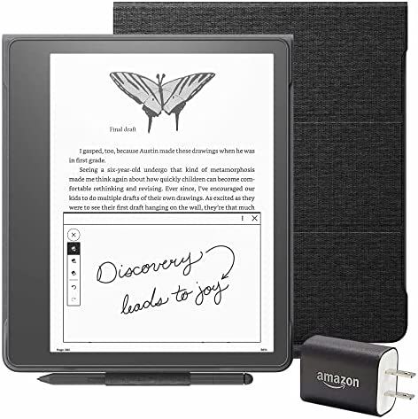 Kindle Scribe Essentials Bundle including Kindle Scribe (64 GB), Premium Pen, Fabric Folio Cover with Magnetic Attach – Black, and Power Adapter