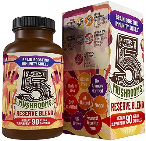 Hippie Farms 5 Mushrooms Reserve Blend Mushroom Supplement – Lions Mane, Turkey Tail, Reishi, Chaga, Cordyceps