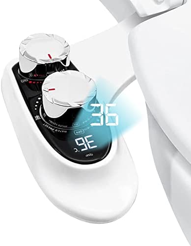 Bidet Toilet Attachment w/Digital Display Temperature, Adjustable Cool to Warm Water, Non-Electric Self Cleaning Dual Retractable Nozzles for Rear & Feminine Wash