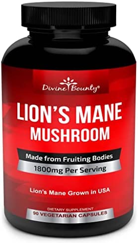 Organic Lions Mane Mushroom Capsules – 1800mg Strongest Lion’s Mane Mushroom Supplement – Non-GMO Lions Mane Extract Powder – Nootropic Brain Supplement – Brain & Immune Support – 90 Vegetarian Caps