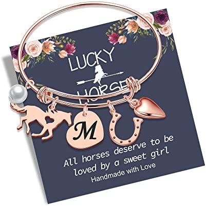 Anoup Horse Gifts for Girls Women Bracelet, Stainless Steel Horse Bracelet Engraved 26 Letters Initial Charm Bracelet Dainty Horse Jewelry Horse Gifts for Girls Girls Teens Horse Lovers