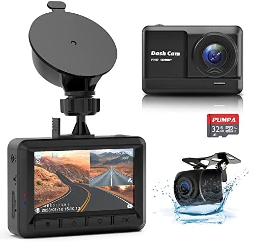 Dash Cam Front and Rear, 1080P Full HD Dash Camera for Cars with 32GB SD Card, 2.45” IPS Screen, 170°Wide Angle, Night Vision, Parking Monitor, Loop Recording, Motion Detection