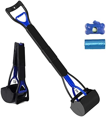 KARINA QURATZ 32″ Pooper Scoopers for Large Small Dogs (Blue) Pet Pooper Scoopers with Long Handle Foldable Durable Lightweight Waste Pick Up Shovel Tools for Lawns Grass Dirt Gravel+Dog Poop Bag