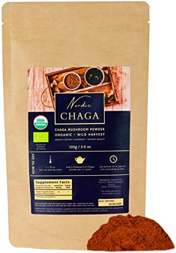 Nordic Organic Chaga Mushrooms Powder – (100 Servings) Chaga Powder for Chaga Tea, Beverages, and Smoothie Including Recipe eBook – 100% Wild Harvested Chaga Mushrooms (100 Servings)