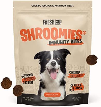 Shroomies – Organic Mushroom Complex for Dogs – Turkey Tail, Lions Mane – DHA, EPA, Turmeric and Kelp – 180 Soft Chews – Immunity, Cognitive Support and Joint Health