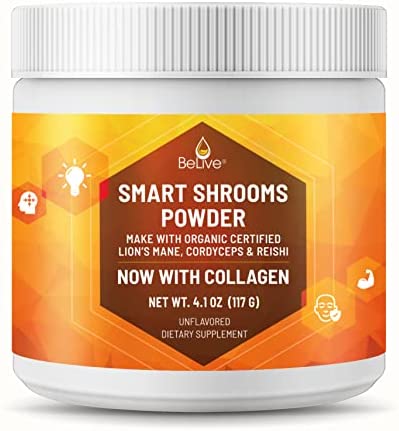 Organic Certified Lions Mane Mushroom Powder with Collagen Peptides, Reishi & Cordyceps – Super Nootropic Brain Booster Supplements, Focus, Mental Clarity – Unflavored, Best for Coffee & Smoothie