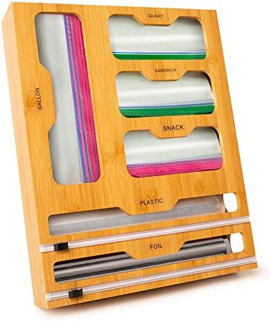 ZEMAKS Bamboo Ziplock Bag Organizer with Foil and Plastic Wrap Organizer for Drawer with Cutter, Compatible with all Zip Lock Bag Sizes, any 12 Inches Roll and 14 Inches Wide Drawer