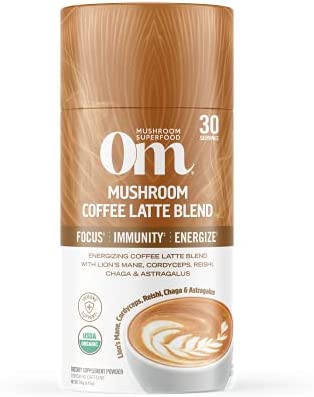 Om Mushroom Superfood Coffee Latte Blend Mushroom Powder, 8.47 Ounce Canister, 30 Servings, Lion’s Mane, Cordyceps, Reishi, Chaga, Energy & Mental Clarity Support Supplement