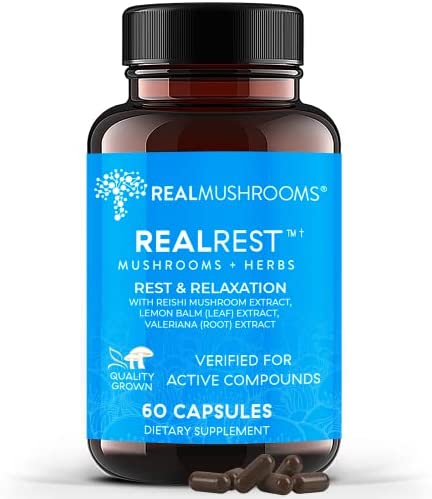 Real Mushrooms RealRest (60ct) Reishi Mushroom Capsules for Rest & Relaxation – Organic Reishi Mushrooms w Lemon Balm, Valerian Root