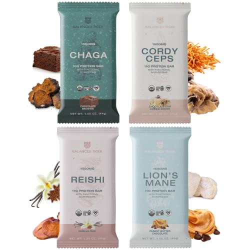 Functional Mushroom Protein Bars | Full Dose (1500mg) Lions Mane, Chaga, Reishi, or Cordyceps in Each Bar | Vegan Protein Bars, Nootropic, Adaptogens, Gluten Free Protein Bars, Mushroom Supplement, Superfoods Protein Bars | Variety Box of 12 Bars