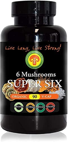 Longevity Botanicals Organic Super 6 Blend Mushroom Supplement Capsules (90 Count) – 100% Fruiting Body with No Fillers