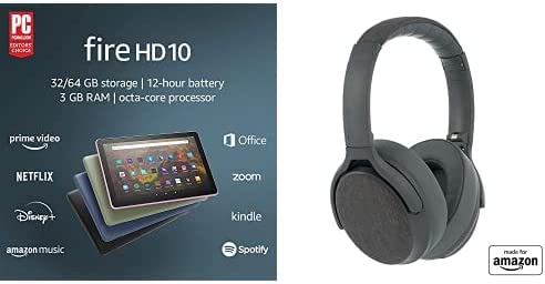 Tablet Bundle: Includes Amazon Fire HD 10 tablet, 10.1″, 1080p Full HD, 32 GB (Olive) & Made for Amazon Active Noise Cancelling Bluetooth Headphones (Grey)