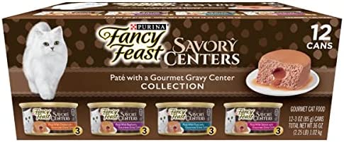 Purina Fancy Feast Pate Wet Cat Food Variety Pack, Savory Centers Pate With a Gravy Center – (2 Packs of 12) 3 oz. Pull-Top Cans