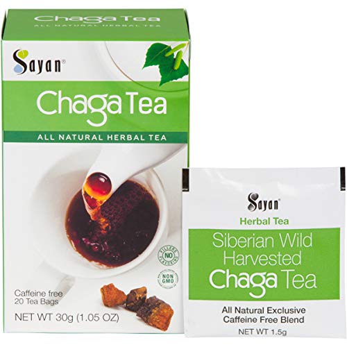 Sayan Siberian Chaga Mushroom Tea Organic Antioxidant Caffeine Free, Raw and Extract Blend, No Fillers Unbleached 20 Bag, Wild Harvested for Focus Concentration Energy Boost and Immune Support, Detox