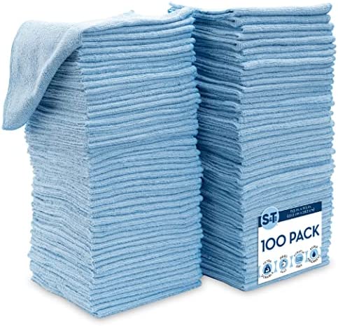 S&T INC. Microfiber Cleaning Cloth for Home, Bulk Cleaning Towels for Housekeeping, Reusable and Lint Free Cloth Towels for Car, Light Blue, 11.5 Inch x 11.5 Inch, 100 Pack