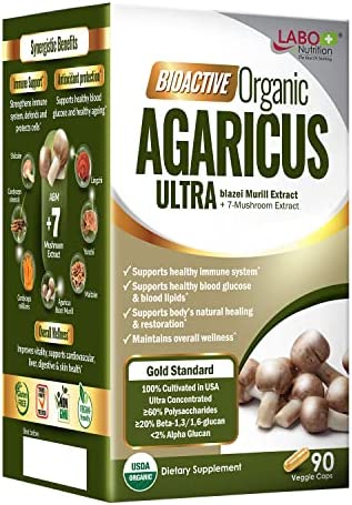 LABO Nutrition Bioactive Organic Agaricus Ultra for Advanced Immune Support, USDA Organic, 7 Medicinal Mushroom Supplement, Cordyceps, Maitake, Turkey Tail, Lingzhi, Agaricus blazei Murill, Shiitake