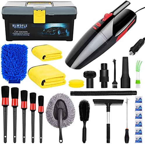 HLWDFLZ 28PCS Car Wash Cleaning Tools Kit – Portable Car Vacuum Cleaner w/13.8FT Cord, Cleaning Gel, Duster, Brush, Wash Mitt,Towels, Storage Box, Exterior Interior Auto Detailing Set