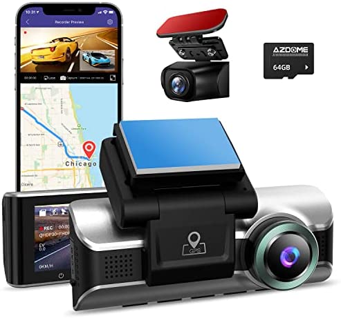 AZDOME 4K Dual Dash Cam, Built in WiFi GPS, with 64GB Card, Front 4K and Rear 1080P Car Dashboard Camera Recorder, 3.19″ IPS, Night Vision, Capacitor, Parking Mode, Support 256GB Max M550-2CH