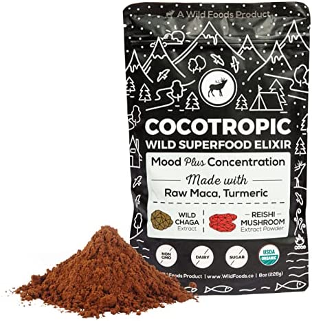Wild Foods Wild Cocotropic Superfood Powder | Organic Raw Cacao with Reishi Mushroom Powder, Chaga Extract, Raw Maca, & Turmeric | Ground for Easy Brewing | Hot Chocolate Mix | 8 Ounce