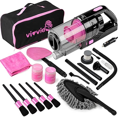 Vioview Pink Car Cleaning Kit, 14Pcs Car Interior Detailing Kit with High Power Handheld Vacuum, Cleaning Gel, Detailing Brush Set, Windshield Cleaner, Complete Car Cleaning Supplies for Deep Cleaning