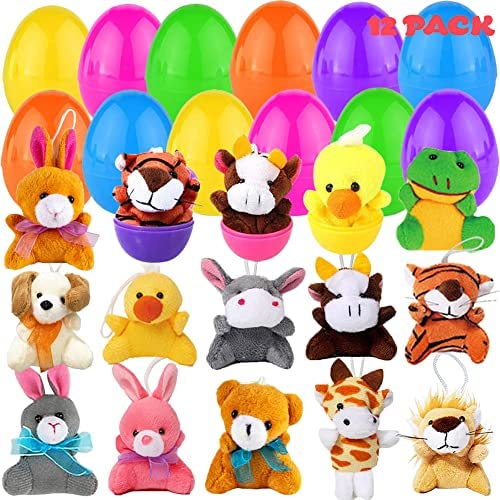 12 PCS Easter Eggs Filled with Mini Plush Animal Toys, Stuffed Animals Plush Keychain Set for Kids Easter Party Favors, Easter Basket Stuffers Fillers, Easter Egg Hunt, Easter Classroom Prize Supplies