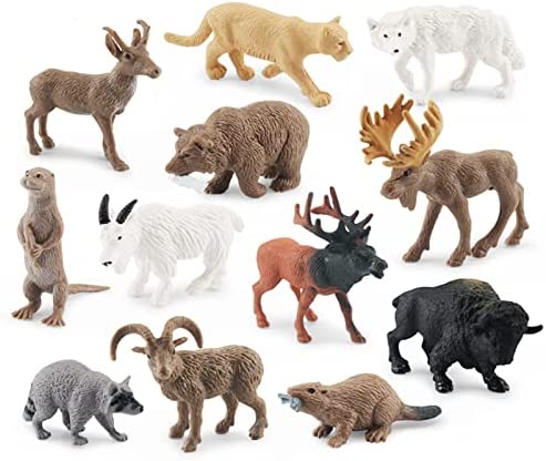 GUFOPONAS North American Animals Set 12PCS Mini Wild Animals Figurines Set Plastic Moose Figure Toy Gift for Kid Toddlers Raccoon Animals Cake Topper
