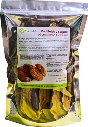 Majestic Herbs Red Reishi/Ling Zhi (Ganoderma lucidum) | Organic | Premium Quality | Longevity | Antiaging | Immune Support | Liver Support | Sliced Mushrooms (200g / 7oz)