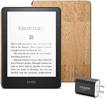 Kindle Paperwhite Essentials Bundle including Kindle Paperwhite – Wifi, Ad-supported, Amazon Cork Cover, and Power Adapter