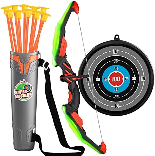 TEMI Kids Bow and Arrow Set – LED Light Up Archery Toy Set with 10 Suction Cup Arrows, Target & Quiver, Indoor and Outdoor Toys for Children Boys Girls