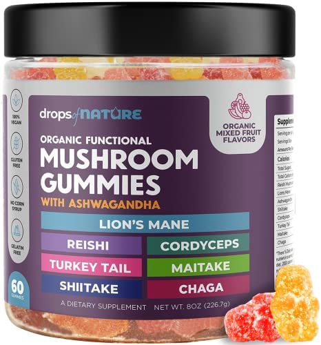 Lions Mane Mushroom Supplement Gummies – Organic Mushroom Gummies – Reishi, Cordyceps, Turkey tail, Maitake, Shitake, Chaga – Immune Defense, Boosts Cognitive Performance, Vegan, Low Carb – 60 Bears