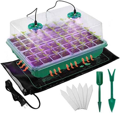 Seed Start Kit, Germination Kit with Grow Lights Heat Mat, 48-Cell Seeding Tray Propagation Seed Germination Station with Clone Humidity Dome for Seeds Plants Rapid Growing