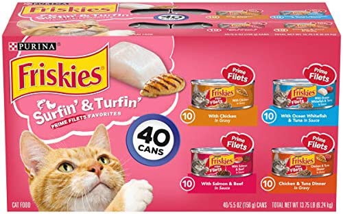 Purina Friskies Wet Cat Food Variety Pack, Surfin’ & Turfin’ Prime Filets Favorites – (40) 5.5 oz. Cans