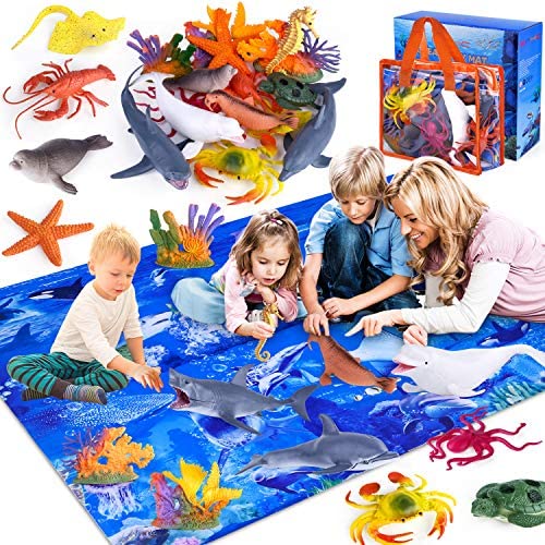 GINMIC Kids Ocean Animals Toys with Large Play Mat, 18 Pack Assorted Realistic Sea Animal Toys with Carrier Bag Including Shark, Whale, Dolphin etc, for Toddler, Boys & Girls Ages 3-8