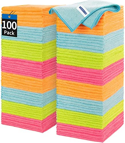 HOMERHYME Microfiber Cleaning Cloth – 100 Pack Cleaning Towels, 12.6″ x 12.6″ Dish Cloths, Lint Free, Non-Abrasive Dusting Cloth,Washable & Reusable,All Purpose Wash Cloth for Kitchen,Car,House,Office