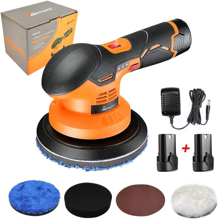 Aiment Cordless Car Buffer Polisher, 6 Inch 5000RPM Cordless Buffer with 2pcs 12V 2.0Ah Rechargeable Battery, 6 Variable Speed, Buffer Polisher Kit for Car Detailing/Car Scratch Repairing